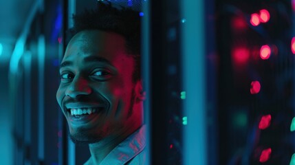 Joyful technician smiling in a server room while managing data center success, database upgrades, and network solutions for improved cybersecurity