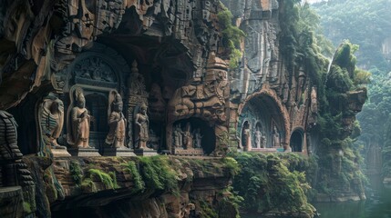 Naklejka premium a series of grottoes, carved into a rugged cliff