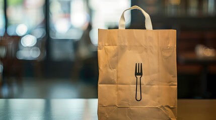 A paper bag with a fork logo sits on a table in a restaurant.