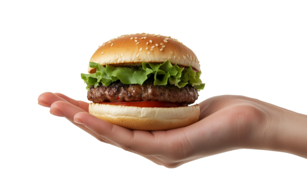 Hand Holding a burguer on White Background. transparent background, png  