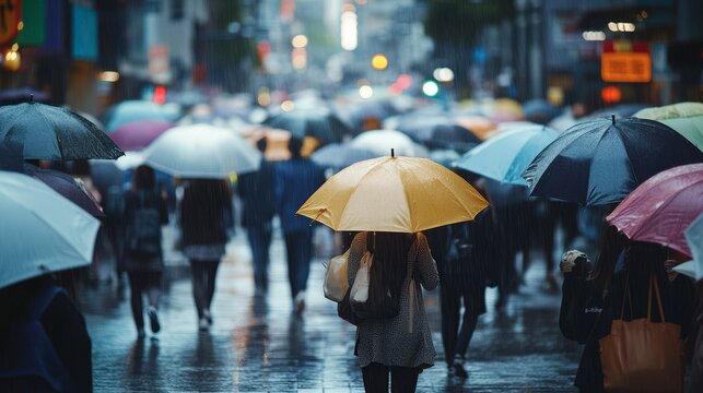 A busy city street scene with people holding umbrellas in the rain. - Powered by Adobe