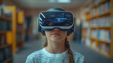 Young Girl Exploring Virtual Reality in a Library