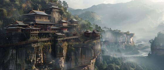 Fototapeta premium hanging temple complex, with multiple buildings built along the cliff, interconnected by wooden walkways