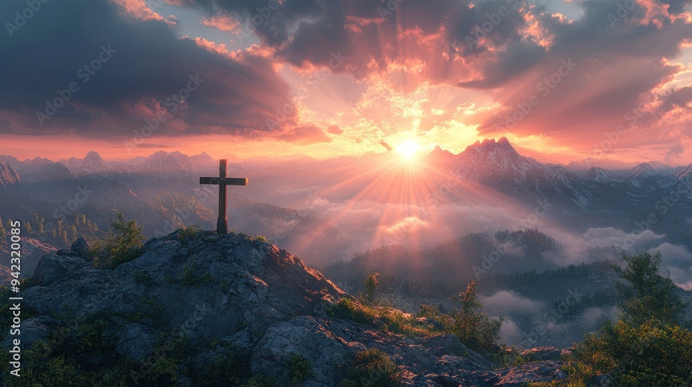 Poster Sunset Mountaintop Cross with Sun Rays and Fog