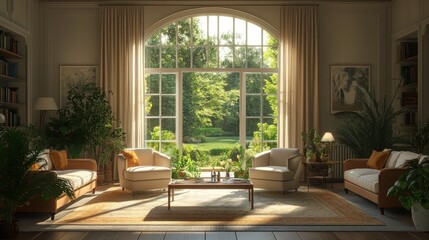 Luxurious Living Room with Large Window View of Green Garden