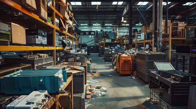 A cluttered warehouse with shelves stacked with boxes and electronics, and a forklift in the middle of the floor.