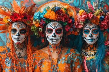 Obraz premium A group of friends dressed in colorful Día de los Muertos Day of the Dead attire, with their faces painted like skulls and flowers, standing against an urban graffiti wall. 