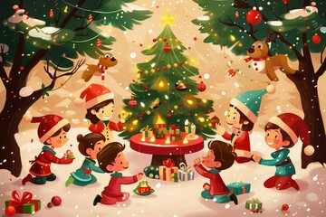 During Christmas, children joyfully celebrate in a snowy wonderland by a decorated tree, surrounded by gifts, creating a festive and cheerful atmosphere filled with happiness and joy