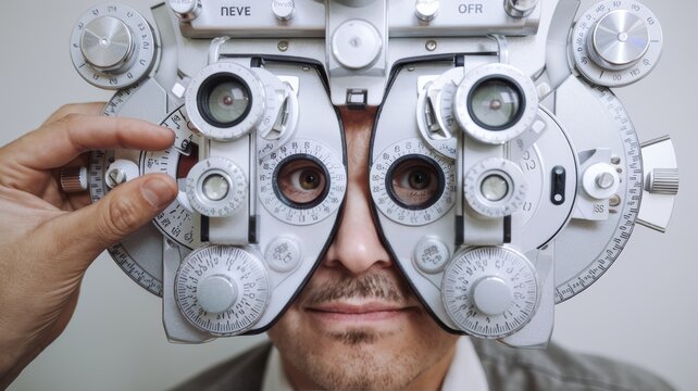 A close-up of a patient looking through a phoropter