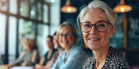 Senior female executive smiling during a team meeting, focused on planning and collaboration at the workplace