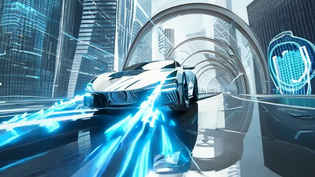 A futurist car flying in a glass tube, with skyscrapers in the background