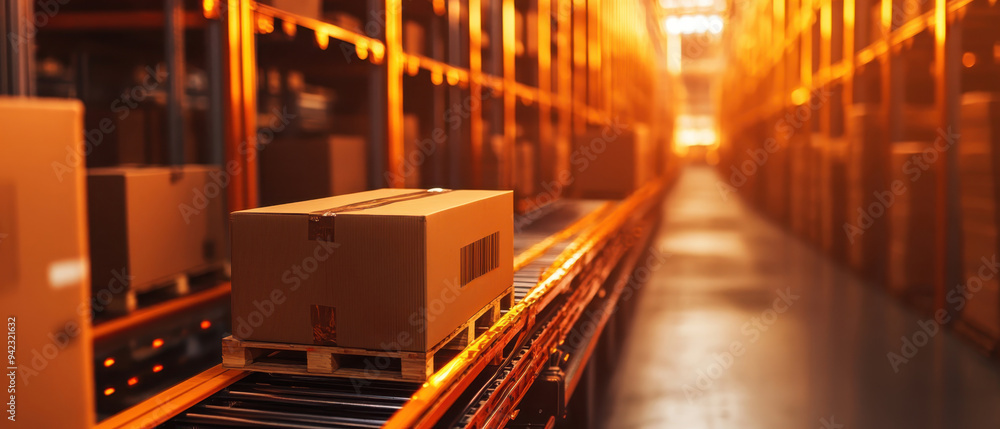 Poster automated warehouse conveyor system with packages, optimized for efficient inventory management in m