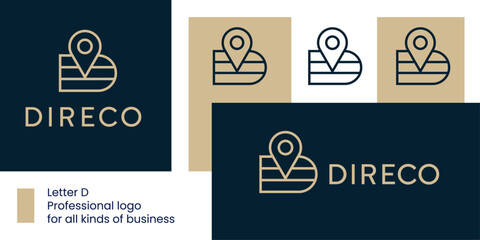 Letter D Design with Map Pin and Horizontal Line Details.