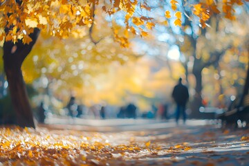 A serene autumn scene with blurred figures walking through a park covered in fallen leaves.