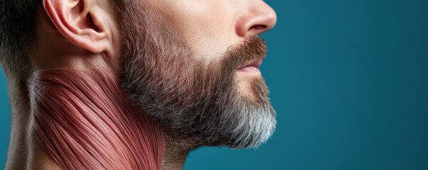 Fototapeta premium Detailed close-up of a bearded man's neck muscles, highlighting the anatomy of the sternocleidomastoid muscle against a blue background.