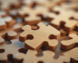 Close-up view of wooden puzzle pieces scattered on a surface, representing creativity, problem-solving, and fun activities.
