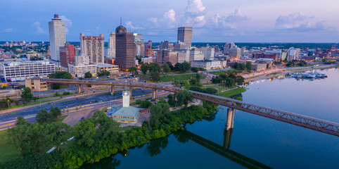 Downtown Memphis city skyline and Wolf River Harbor, Tennessee, United States of America.