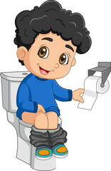 Cartoon little boy sitting on the toilet