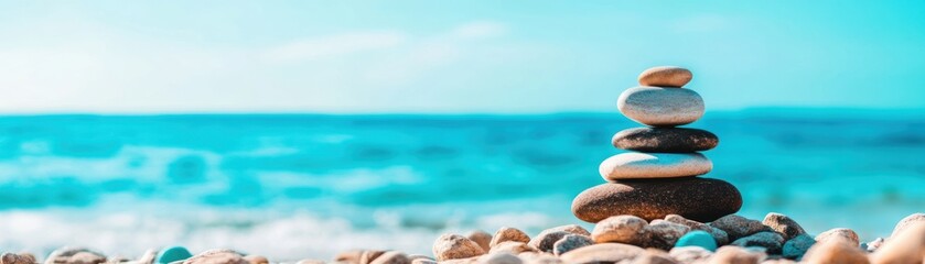 Peaceful beach scene with a stack of balanced stones against a turquoise sea and blue sky background, symbolizing tranquility and balance.