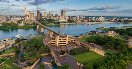 Mud Island Park and the Wolf River Harbor with a view to downtown Memphis, Tennessee, United States...