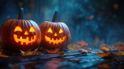 Fototapeta premium Spooky halloween pumpkins in forest. Scary halloween background with free space for text. Jack-o-lantern on a wooden table