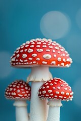 Obraz premium Vibrant red mushrooms with white spots against a soft blue background, creating a whimsical and enchanting scene.