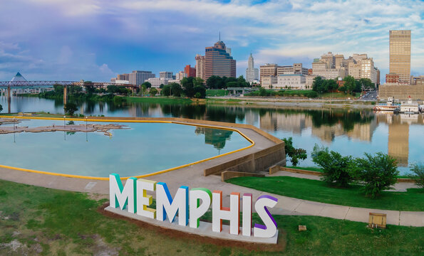 The Memphis Sign on Mud Island, and downtown Memphis, Tennessee, United States of America.