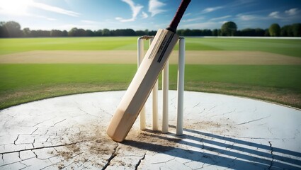 A cricket bat positioned on a cracked pitch, highlighting the sport's rich tradition. Ideal for cricket enthusiasts and sports-related visuals.