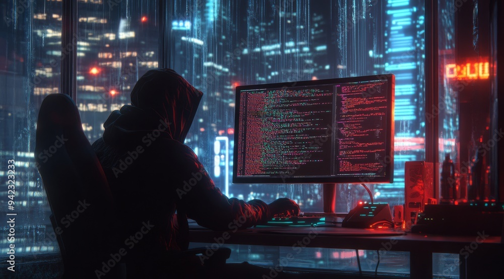Poster a skilled hacker sits at a hightech computer, accessing intricate data in a vibrant, neonlit city th