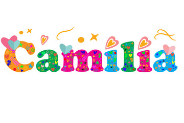Camila female name decorative lettering type design. Vector