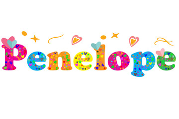 Penelope female name decorative lettering type design. Vector