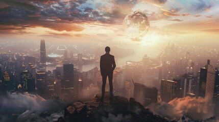 Businessman on top of the world, overlooking a bustling city generative ai