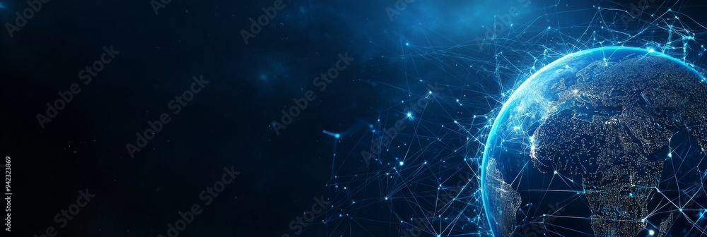 Poster an abstract artistic representation of a digital globe, brilliantly illuminated and interconnected w