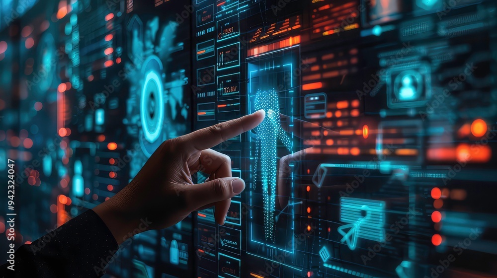 Poster a hand reaching out to touch a glowing human figure on a screen with data and code in the background