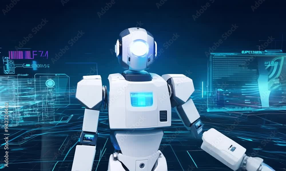Poster exploring the intersection of technology and creativity with an ai robot in a futuristic digital lan