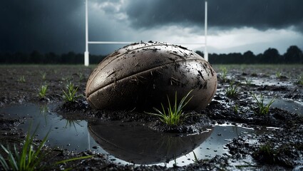 A close-up shot of a muddy rugby ball resting in a puddle on a field under dark stormy skies, depicting the rugged nature of the sport.