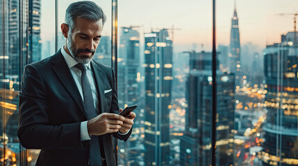 Fototapeta premium Businessman in a suit using a smartphone in a high-rise office overlooking the city skyline