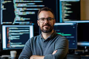 Confident Software Developer Posing in Front of Multiple Computer Screens with Code