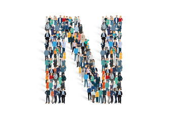 Illustration vectorielle représentant la lettre N de l'alphabet constituée d'une foule de personnages d'âge, de races et de sexes différents