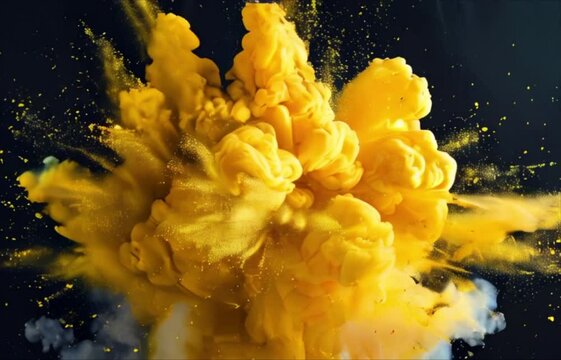 Yellow paint explosion splash abstract background. Colorful cloud, dust explode on black
