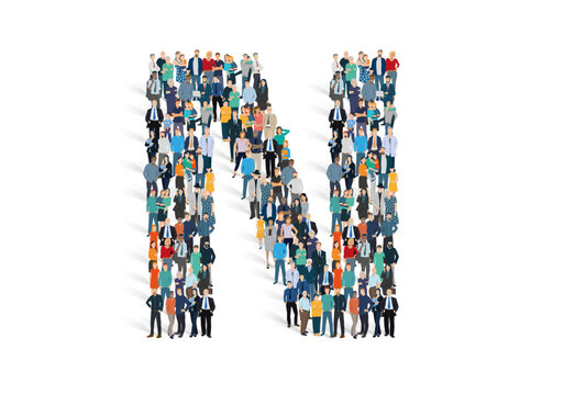 Illustration vectorielle repr&eacute;sentant la lettre N de l'alphabet constitu&eacute;e d'une foule de personnages d'&acirc;ge, de races et de sexes diff&eacute;rents