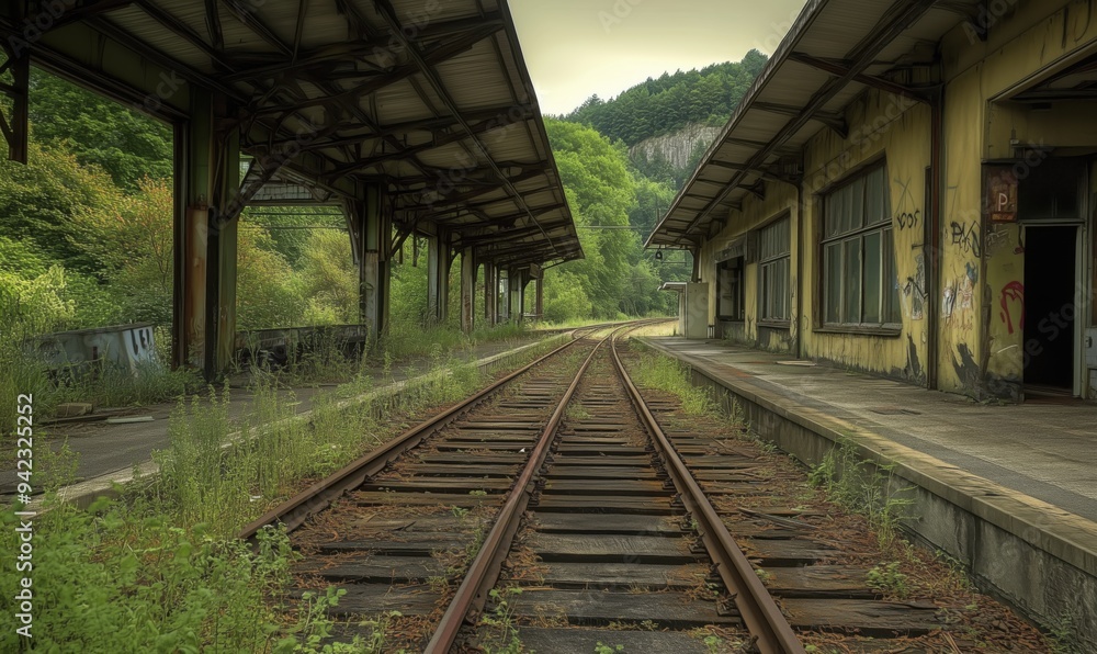 Poster the train station is empty and abandoned. the tracks are covered in weeds and the buildings are old 