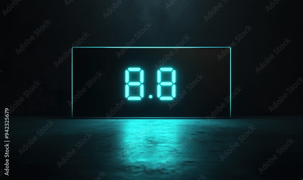 Poster a digital clock with the numbers 8 and 0 lit up in blue. the clock is set to the time of 8:08