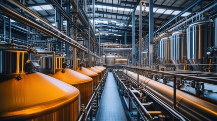 Fototapeta premium A large industrial building with many tanks and pipes. Scene is industrial and mechanical