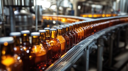 Naklejka premium A conveyor belt of beer bottles is being filled. The bottles are all the same color and are lined up in a row