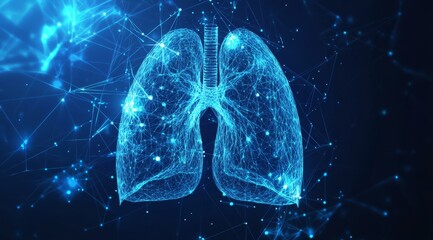 An abstract depiction of a human lung in various shades of blue hues, carefully protected by a bright neon sphere, symbolizing health care advances and exciting medical innovation and research