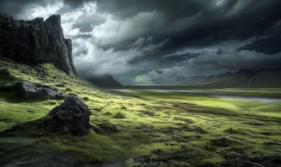 A desolate landscape with a large body of water and a mountain range in the background. The sky is dark and stormy, creating a moody and ominous atmosphere