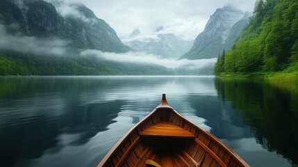 Obraz premium A boat is on a lake with mountains in the background. The water is calm and the sky is cloudy