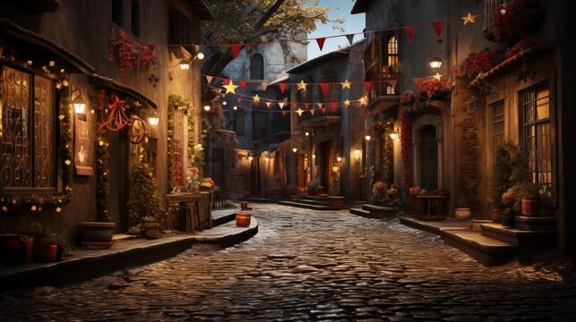 Posada navideña en un pueblo mexicano sobre la calle adornada con estrellas multicolores gente feliz celebrando entre los adornos brillantes, felices por la navidad mexicana - Powered by Adobe