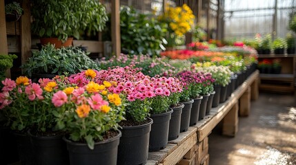 Fototapeta premium small business in garden center greenhouse potted plants flowers various.stock image